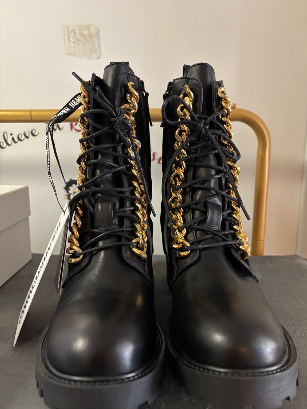 Moschino Black Leather Lace-Up Boots with Gold Chain Trim - Picture 2 of 10